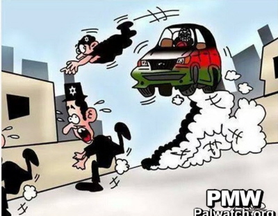 Zrzut z ekranu z filmu rysunkowego opublikowanego na stronie Facebooka ruchu Fatahu, przedstawiajcy trzech ydów, którzy uciekaj, kiedy próbuje ich przejecha samochód prowadzony przez Palestyczyka, listopad 2014.