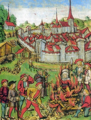 Scena przedstawiająca spalenie czarownicy ze szwajcarskiego Willisau w 1447 roku.