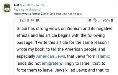 [Tutaj jest, co byy syjonista i iracki yd ma do powiedzenia:<br /> Giladi ma zdecydowane pogldy na syjonizm i jego negatywne skutki, i jego artyku zaczyna si nastpujcym akapitem: „Pisz ten artyku z tego samego powodu, z którego napisaem ksik: eby powiedzie amerykaskiemu narodowi, a szczególnie amerykaskim ydom, e ydzi z krajów islamskich nie emigrowali dobrowolnie do Izraela; e, aby zmusi ich do odejcia, ydzi zabijali ydów i e]