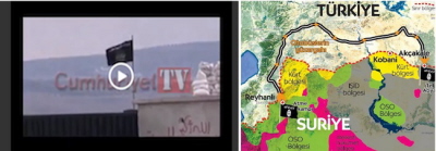 Po lewej: Wideo Cumhuriyet pokazujce budynek w obozie Atme, skd kierowcy zabrali dihadystów. Po prawej: trasa autobusów wiozcych dihadystów z obozu Atme w Syrii do Tel Abyad w Syrii przez Turcj. <br />
