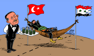 Turcja podobno szykuje się do kolejnej militarnej inwazji na Syrię, a równocześnie prezydent Recep Tayyip Erdoğan blokuje członkostwo Szwecji i Finlandii w NATO, nazywając kurdyjskich polityków, działaczy politycznych i uchodźców, którzy mieszkają w Szwecji i Finlandii, „terrorystami”. Tymczasem reżim Erdoğana nie uważa rzeczywistych dżihadystów w regionie za terrorystów i wręcz aktywnie ich wspiera. Media udokumentowały dowody bliskiego związku rządu tureckiego z ISIS. Na zdjęciu: karykatura z https://greekcitytimes.com/2021/01/14/turkeys-relationship-with-isis/  z stycznia 2021r.