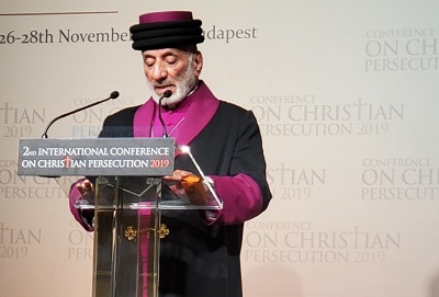 Asyryjski patriarcha-katolikos Mar Gewargis III, przemawia na konferencji w Budapeszcie.