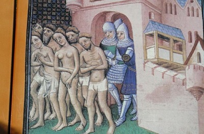 Wypdzenie albigensów z Carcassonne na obrazie z 'Wielkiej kroniki Francji' z ok. 1415 r.   