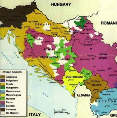 “Jugosawia”: kolory reprezentuj dystrybucje geograficzn rozmaitych grup etnicznych przed wojn domow; czarne linie s granicami midzy pastwami narodowymi, jakie wyoniy si w wyniku tej wojny.