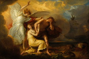 <span>Benjamin West, Wygnanie Adama i Ewy z Raju, 1791r.</span>