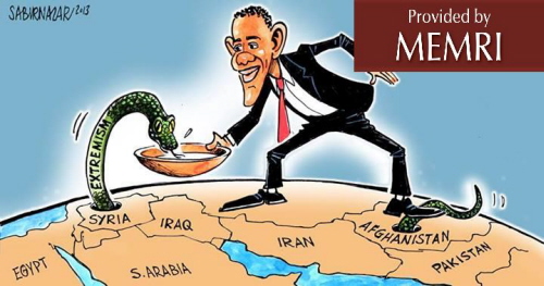 Karykatura zamieszczona przez Sabira Nazara 19 czerwca 2013 r. kwestionuje politykę zagraniczną Baracka Obamay
