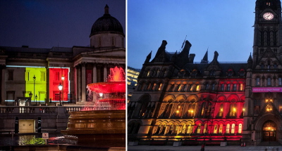 W dzie po atakach terrorystycznych w Brukseli budynki publiczne w Wielkiej Brytanii, takie jak National Gallery Londynie (po lewej) i ratusz miejski w Manchesterze (po prawej), owietlono barwami flagi belgijskiej.