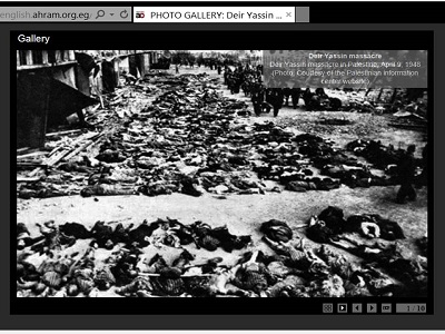 “Zdjęcie pokazywane przez arabską propagandę jako zdjęcie z Dajr Jasin. Bez trudu możemy je odnaleźć w zasobach Wikicomons jako zdjęcie z Boelcke, nazistowskiego podobozu Mittelbau-Dora (Wikicommons / T4c. James E Myers.”)