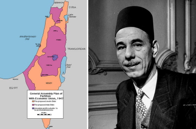 W maju 1948 r. Azzam Pasza (po prawej), sekretarz generalny Ligi Arabskiej, oznajmił w sprawie proponowanej żydowskiej części podziału: \