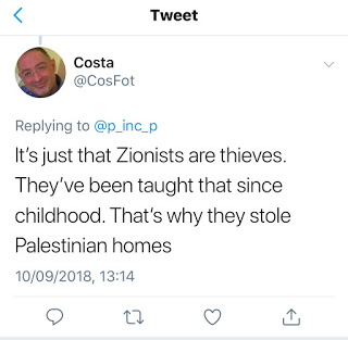 [To po prostu jest tak, e syjonici s zodziejami. Uczono ich tego od dziecistwa. Dlatego ukradli palestyskie domy]„Costs” chce powiedzie, e „syjonici oydzili Palestyczyków”.  