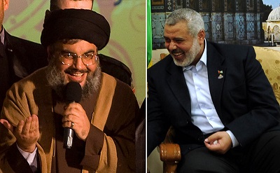 Hezbollah i Hamas musz zamiewa si, bo pod sabymi i bezsilnymi rzdami widz, jak ronie ich potga. Po lewej: przywódca Hezbollahu Hassan Nasrallah (Paula Bronstein/Getty Images). Po prawej: przywódca Hamasu Ismail Haniyeh (Muhammad Alostaz/PPM via Getty Images).