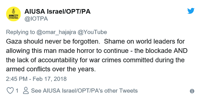 Tweet z konta pro-palestyskiej Amnesty USA:[Tekst tweetu:Nigdy nie wolno zapomina o Gazie. Haba przywódcom wiata, którzy pozwalaj na trwanie tego stworzonego przez czowieka koszmaru – blokady i braku odpowiedzialnoci za zbrodnie wojenne popeniane przez lata podczas konfliktów zbrojnych.]