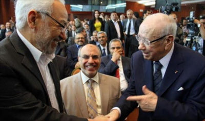 Szef partii Al-Nahda, Rached Al-Ghannouchi (po lewej) z prezydentem Tunezji, Bedim Caidem Essebsim (po prawej) (ródo: alwasat.ly, 20 maja 2016)