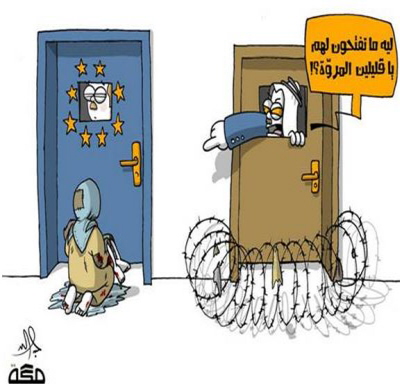 Arab, zabarykadowany za zamknitymi drzwiami, pyta Europ: “Dlaczego nie otwieracie im drzwi, maoduszni ludzie?”  (Makkah, Arabia Saudyjska, 1 wrzesnia 2015)