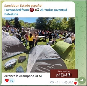 Samidoun Spain udostpni na Telegramie wpis wyraajcy poparcie dla obozowiska UCM.