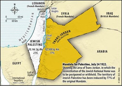 Mandat Palestyski Ligi Narodów obejmowa Transjordani. Jednak rzd brytyjski podj decyzj o natychmiastowym podziale.  Transjordania zostaa oddzielona od pozostaej czci Palestyny. ydowska imigracja osadnictwo i nabywanie ziemi na terenie Transjordanii zostao zabronione. 