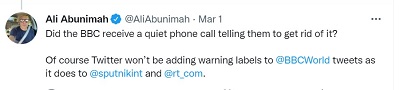 [Czy BBC otrzymała po cichu telefon, mówiący im, by się tego pozbyli?Oczywiście Twitter nie będzie dodawał ostrzeżeń do tweetów @BBCWorld, jak to robi do @sputnikint i @rt_com.]