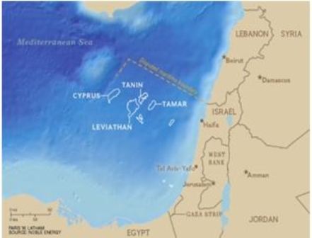 Pola gazu ziemnego Izraela, Tamar i Lewiatan (ródo: Fars, 29 listopada 2014).