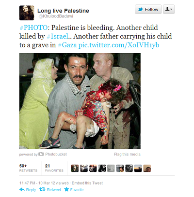  Pracownica OCHA biura ONZ do spraw koordynacji pomocy humanitarnej, Khulood Badawi, wysaa tweet ze zdjciem zakrwawionego dziecka i podpisem „Kolejne dziecko zabite przez Izrael”. Sze lat wczeniej w 2006 roku to samo zdjcie byo opublikowane przez agencj Reutersa z podpisem, e dziewczynka spada z hutawki. W odpowiedzi na zarzuty, przeoony pracownicy OCHA odpowiedzia, e Badawi opublikowaa zdjcie na prywatnym koncie, a jej aktywno nie bya zwizana z prac dla ONZ.