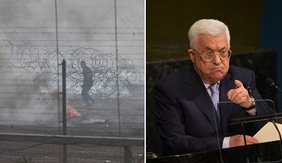 Po lewej: Palestyski uczestnik zamieszek za zason dymn z poncych opon przy granicy Gazy z Izraelem, 8 czerwca 2018 r. (Zdjcie: Ilia Yefimovich/Getty Images) Po prawej: Prezydent Autonomii Palestyskiej Mahmoud Abbas. (Zdjecie: Kevin Hagen/Getty Images)