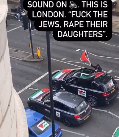 Kawalkada samochodów w pónocnym Londynie 16 maja 2021, z powtarzanym przez megafon sloganem: „Fack the Jews. Rape their daughters”. Zrzut z ekranu wideo.