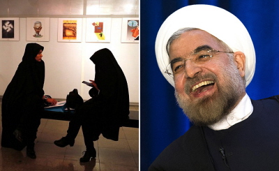 Przez zaprzeczanie jakiegokolwiek udziau w takich konferencjach prezydent Rouhani (po prawej) i minister spraw zagranicznych, Zarif  udaj agodniejszy ton na scenie midzynarodowej, podczas gdy w kraju utrzymuje si nietknite podstawy polityki Chameneiego i IRGC.<br />