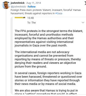 [Stowarzyszenie Dziennikarzy Zagranicznych protestuje przeciw krzykliwym, ciągłym, brutalnym, nieortodoksyjnym metodom stosowanym przez władze Hamasu i ich reprezentantów przeciwko odwiedzającym w ostatnich miesiącach Gazę międzynarodowym dziennikarzom.Międzynarodowe media nie są stroną w konflikcie i nie mogą mieć utrudnień informowania w postaci gróźb lub nacisków, a tym samym blokowania ich czytelnikom i widzom obiektywnego obrazu z terenu.W wielu przypadkach zagraniczni korespondenci pracujący w Gazie byli nękani, grożono im lub przesłuchiwano w związku z doniesieniami lub informacjami, które przekazywali za pośrednictwem swoich redakcji lub mediów społecznościowych.Jesteśmy również świadomi, że Hamas próbuje stosować procedury „sprawdzania”, które w efekcie…]       