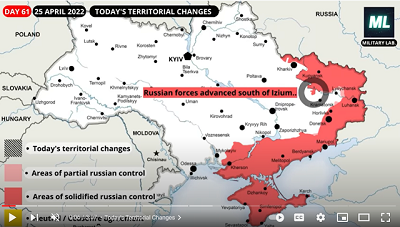 <span>Kolor różowy reprezentuje terytorium Ukrainy zajęte przez armię rosyjską. Wydaje się, że Rosja zainicjowała ruch okrążający z południa od Izium i na północ od Mariupola i Berdiańska. Zagraża to ukraińskim liniom zaopatrzeniowym, a jeśli natarcie będzie ukończone powodzeniem, może odciąć ukraińskie siły zaangażowane w walkę na froncie Donbasu.</span>
