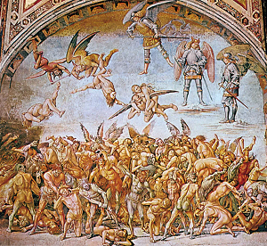 Skazani na piekło, fresk Luca Signorelli, 1500–02; w kaplicy San Brizio w katedrze w Orvieto. (Źródło: Britannica)