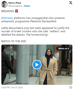 [@itvnews daje platformę irańskiej propagandystce,  która jest prezenterką antysemickiego programu Palestine Declassified.Latifa Abouchakra zaledwie tydzień temu występowała z usprawiedliwianiem mordu  izraelskich cywili, których nazywała „osadnikami” i określiła ten atak „powrotem do domu”]   