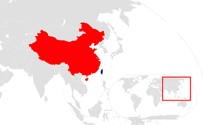 Chiny (czerwony) i Tajwan (czarna wyspa na poudniowy wschód od Chin). Chiny uwaaj Tajwan za cz swojego suwerennego terytorium i otwarcie zadeklaroway zamiar ponownego zjednoczenia go z kontynentem w bliej nieokrelonym czasie w przyszoci.