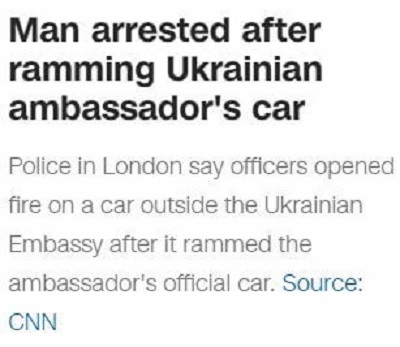 [Mczyzna aresztowany po staranowaniu samochodu ukraiskiego ambasadoraPolicja w Londynie mówi, e policjanci otworzyli ogie do samochodu przed ukraisk ambasad, po tym, jak staranowa on subowy samochód ambasadora]