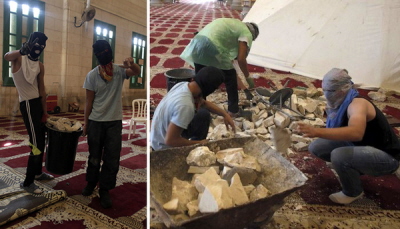 Młodzi Arabowie palestyńscy w maskach wewnątrz meczetu Al-Aksa (niektórzy w butach) gromadzą kamienie do rzucania na Żydów odwiedzających Wzgórze Świątynne, 27 września 2015 r.