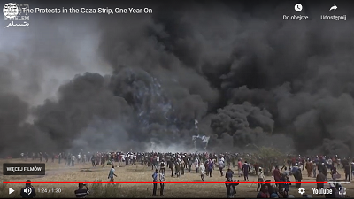 Organizowane przez Hamas protesty na rzecz ochrony rodowiska. „Dziaacze” rodowiskowi Hamasu tydzie w tydzie pal tysice opon samochodowych o czym dziennikarze gównego cieku nigdy nie wspominaj. (Zdjcie: zrzut z ekranu propagandowego wideo organizacji „na rzecz praw czowieka” B’Tselem.) 