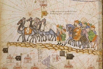 Karawana na Jedwabnym Szlaku, 1380, Cresques Abraham, Atlas catalan, domena publiczna, Wikipedia